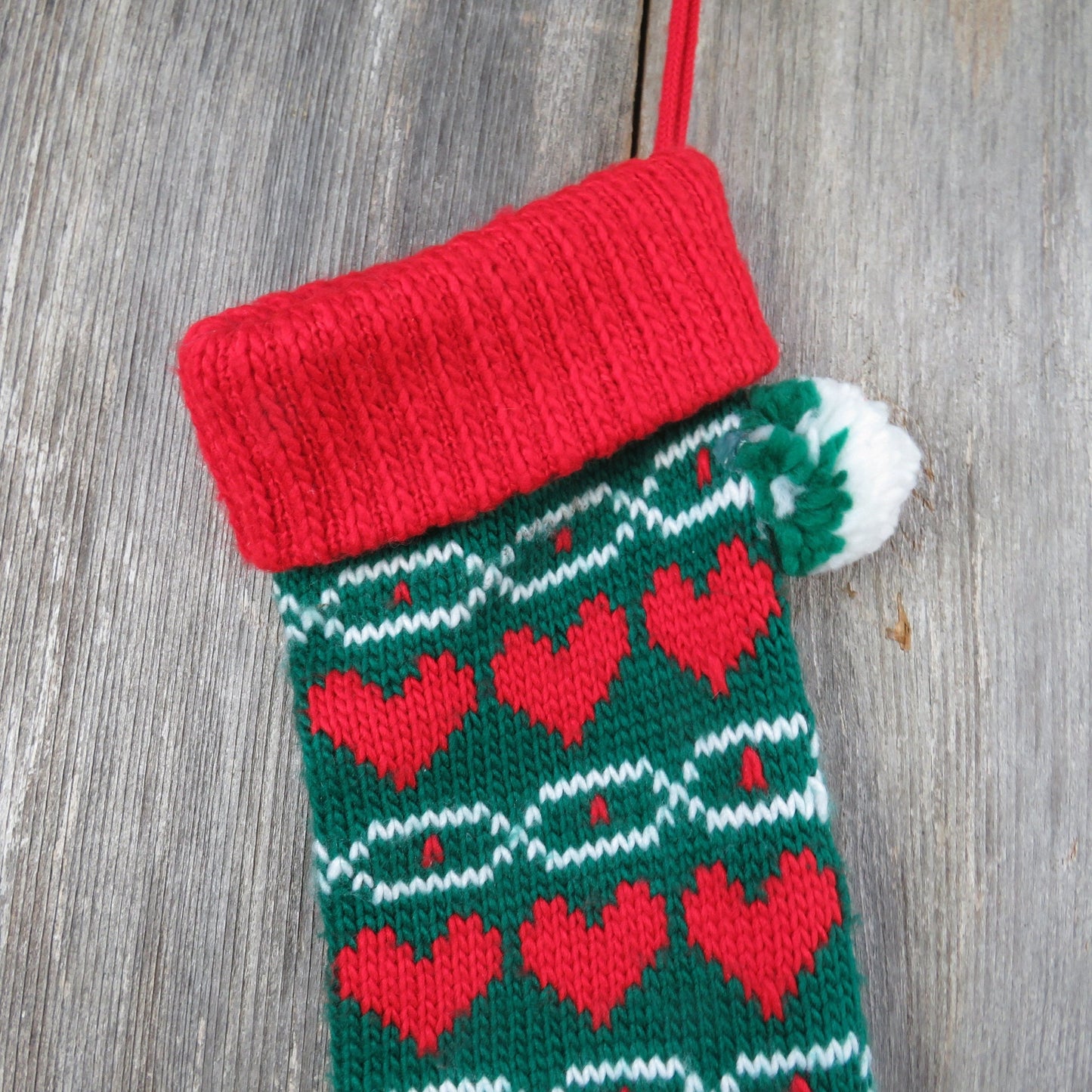 Vintage Heart Print Knit Stocking Christmas Knitted Chunky Red Green Pom Pom