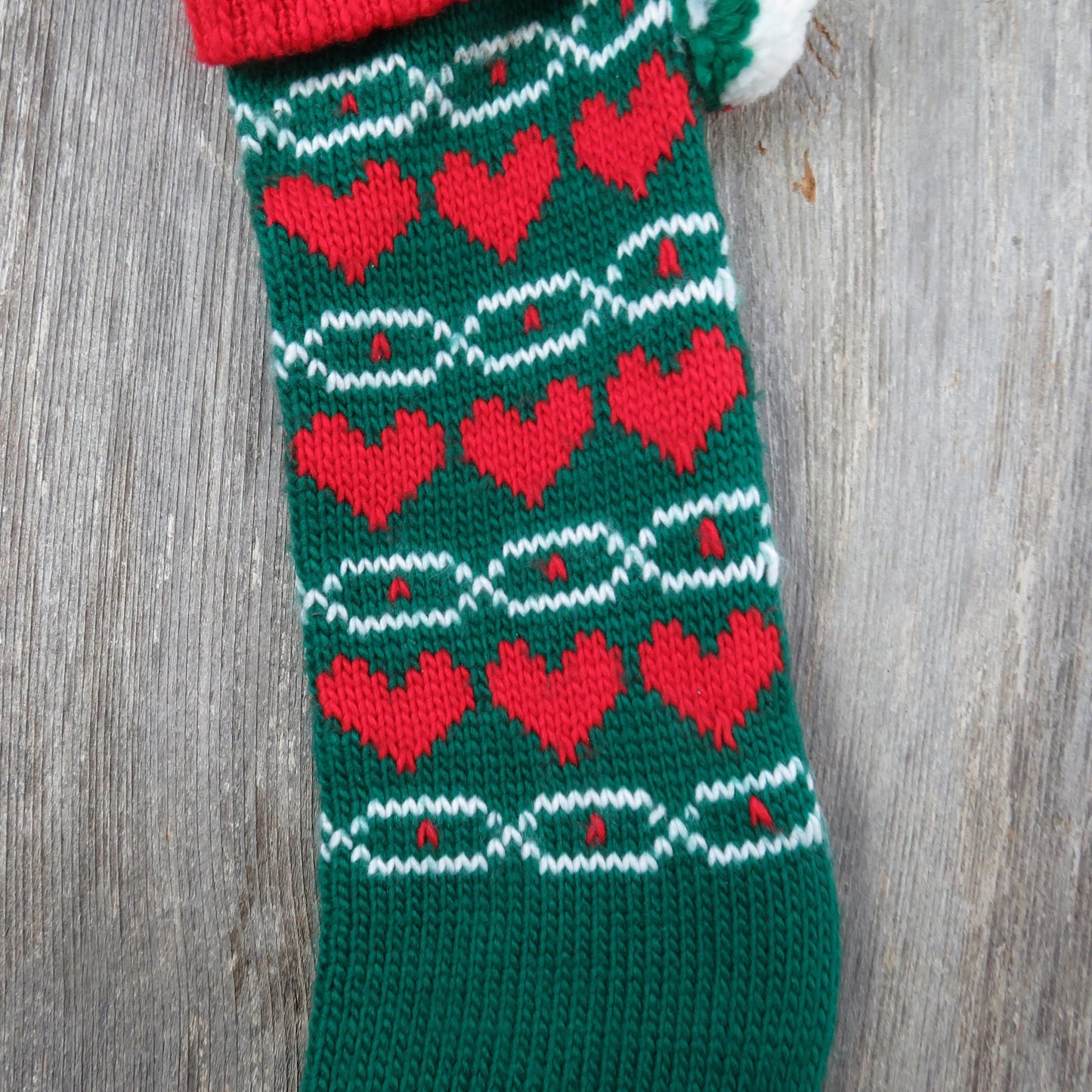 Vintage Heart Print Knit Stocking Christmas Knitted Chunky Red Green Pom Pom