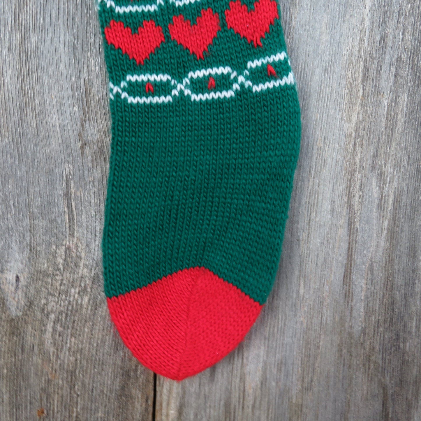 Vintage Heart Print Knit Stocking Christmas Knitted Chunky Red Green Pom Pom