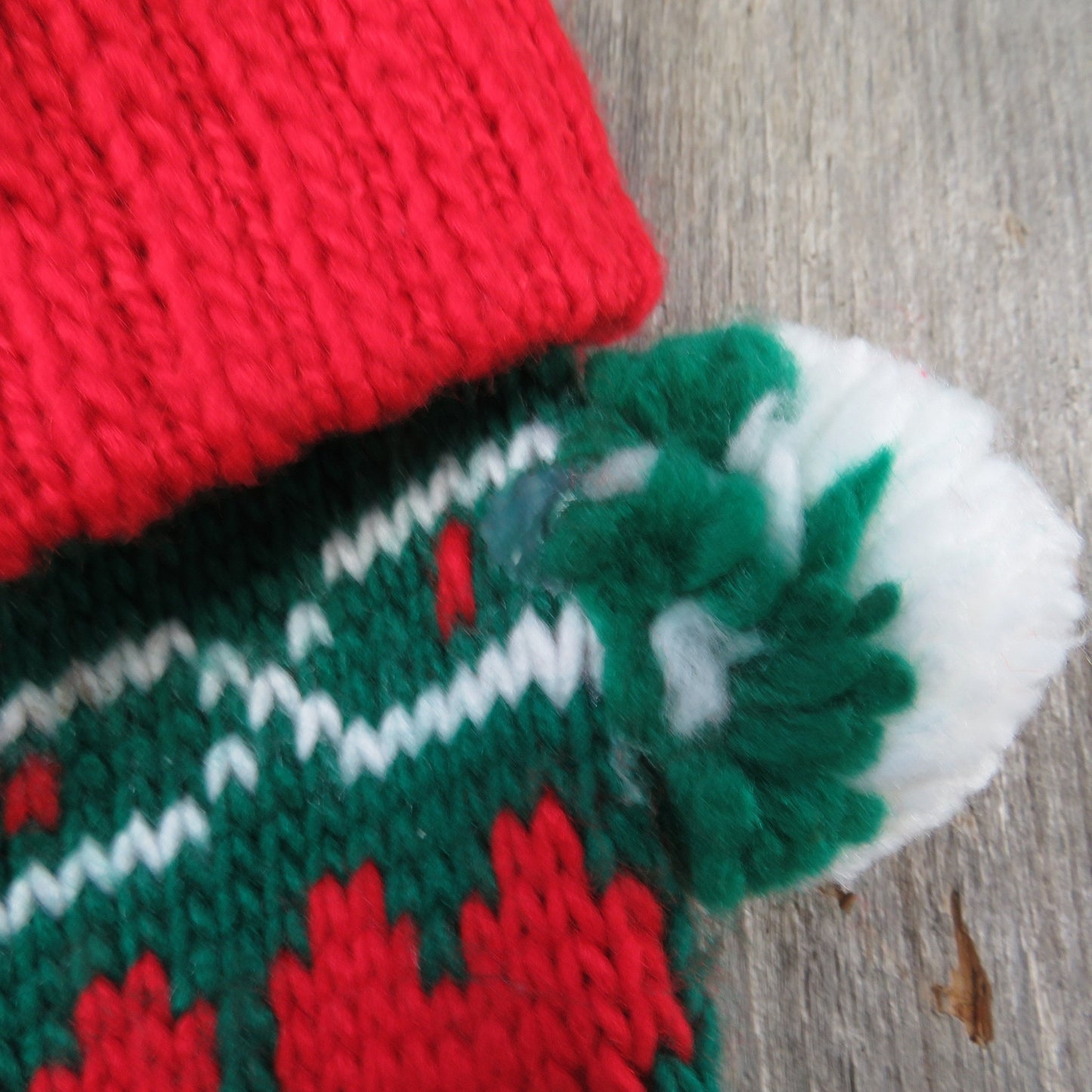 Vintage Heart Print Knit Stocking Christmas Knitted Chunky Red Green Pom Pom