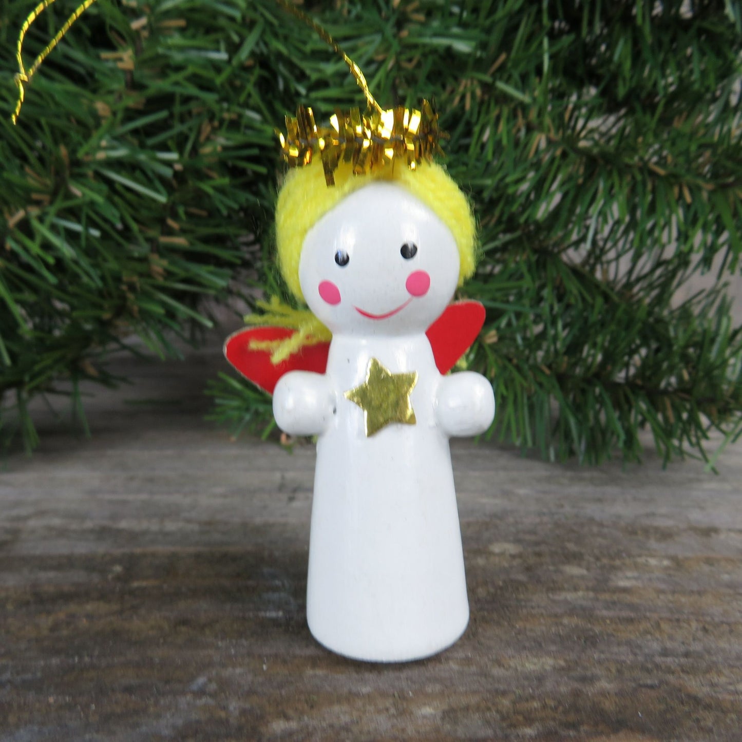 Vintage White Angel Tinsel Halo Wooden Ornament Christmas Yellow Hair Star Wood