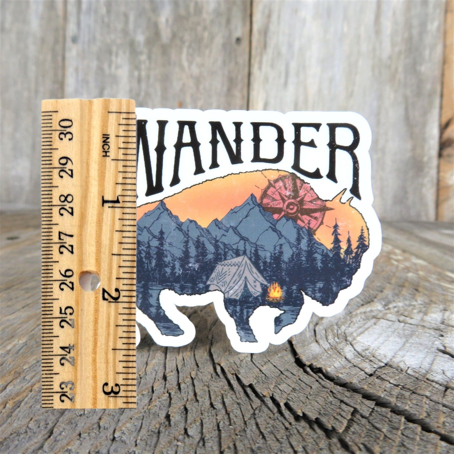 Wander Bison Silhouette with Mountain Scene Sticker Full Color Waterproof Buffalo Retro Outdoors Tent Camping Mountains Water Bottle Sticker