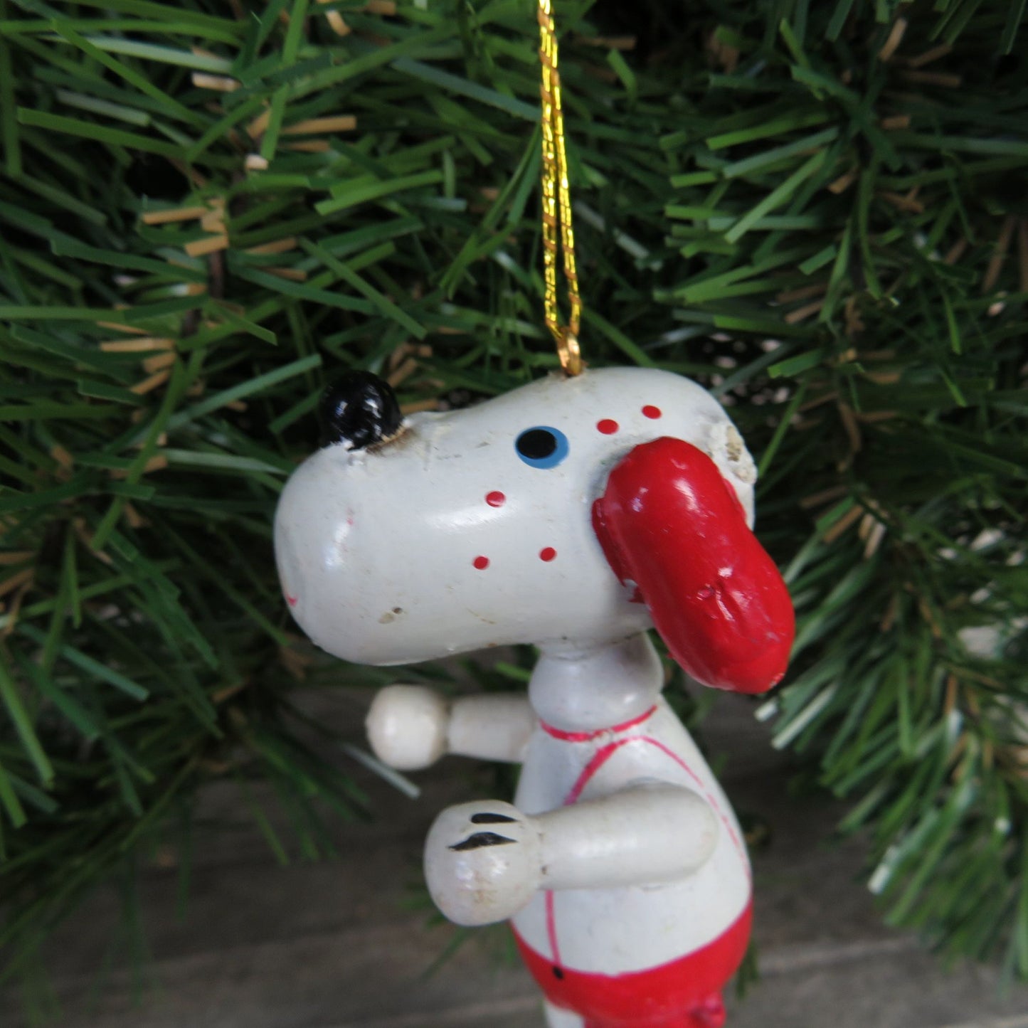 Vintage Wooden White Dog Ornament Wood Puppy with Red Ears and Pants Christmas Ornament