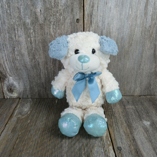 White Puppy Dog Plush Blue Ears Paws Bow Kellytoy Sparkle Fuzzy Floppy Legs