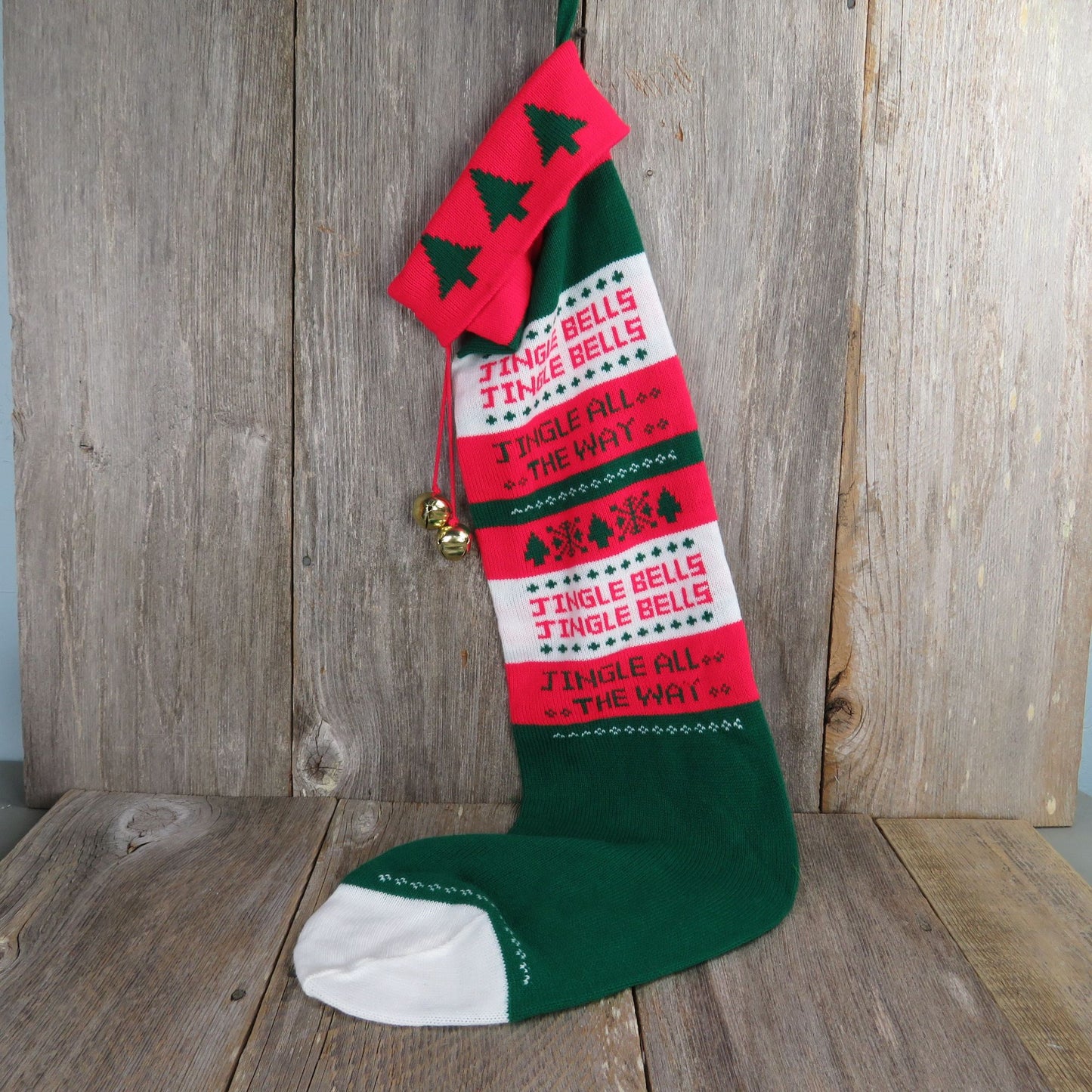 Vintage Jingle Bells Knit Stocking Extra Large Striped Jingle All The Way Huge Red Green St377