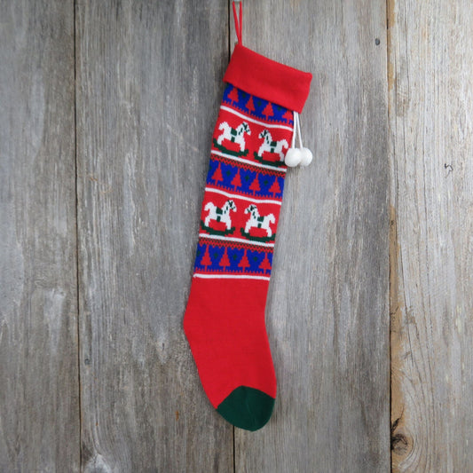 Vintage Rocking Horse Knit Stocking Christmas Knitted Red Blue White Holiday Home Decor