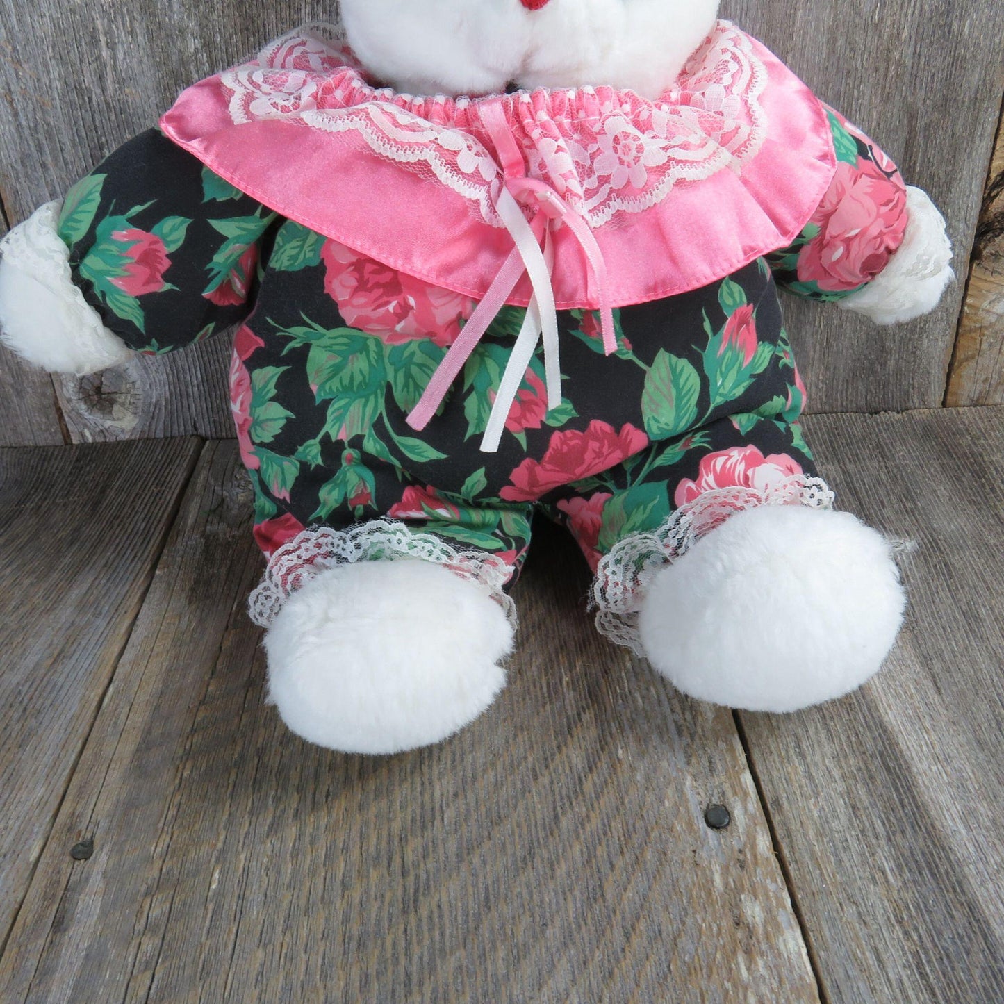 Vintage Bear Plush Fabric Body White Pink Flowers Green Black Stuffed Animal