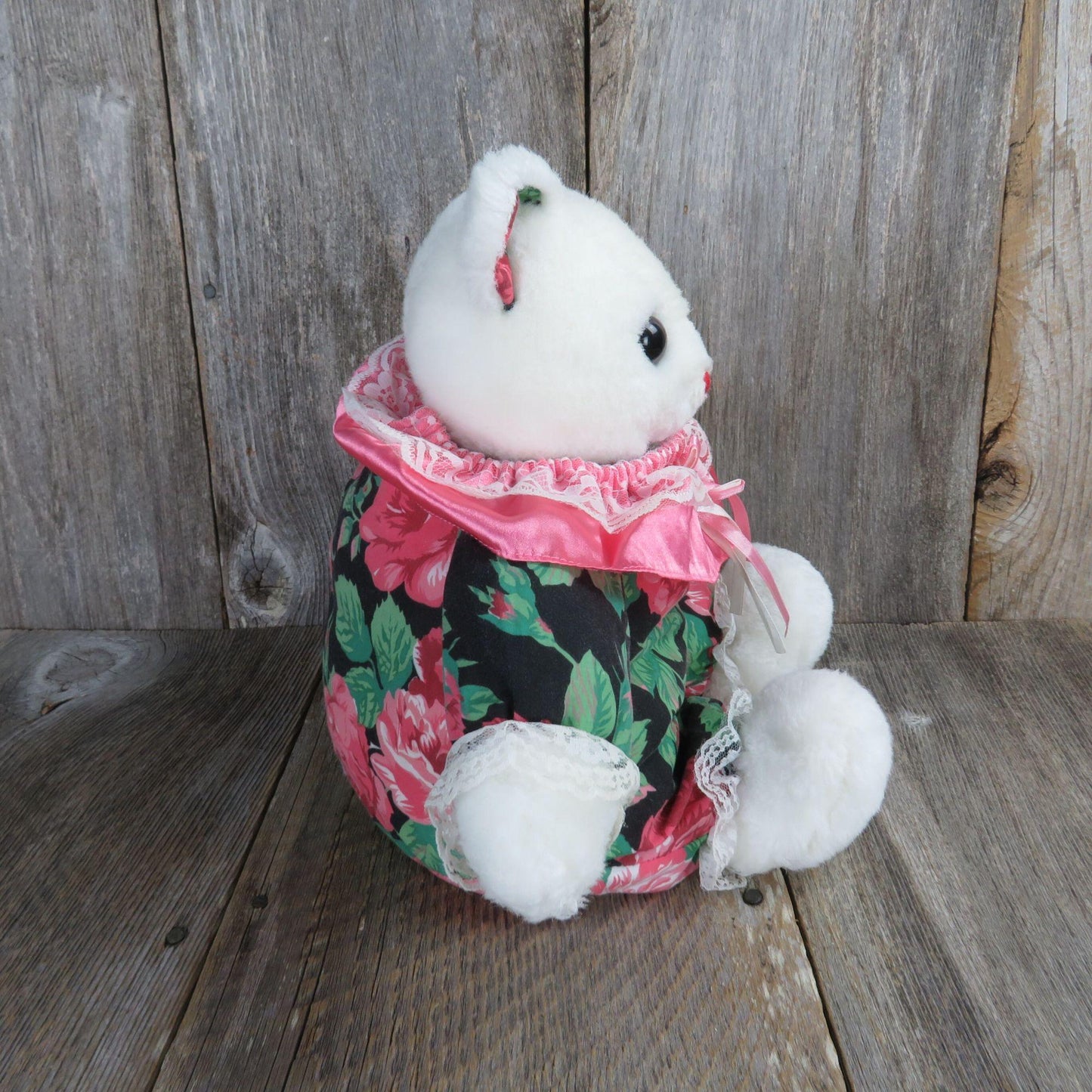 Vintage Bear Plush Fabric Body White Pink Flowers Green Black Stuffed Animal