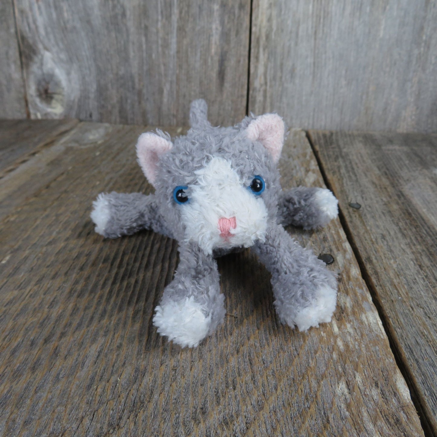 Vintage Cat Plush Gray White Stitched Pink Nose Mini Beanie Kitten Stuffed Animal Kitty Bean Bag