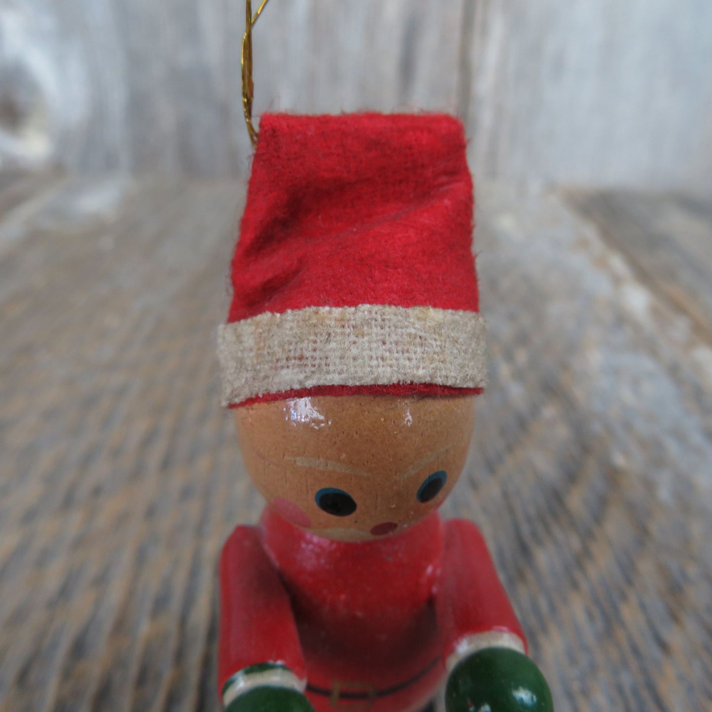 Vintage Wood Santa Ornament Wooden Felt Hat Christmas Red