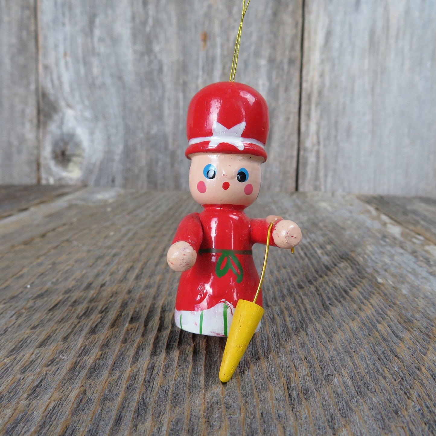 Vintage Wooden Lady with Umbrella Ornament Wood Red Dress Hat Mrs. Claus Fancy