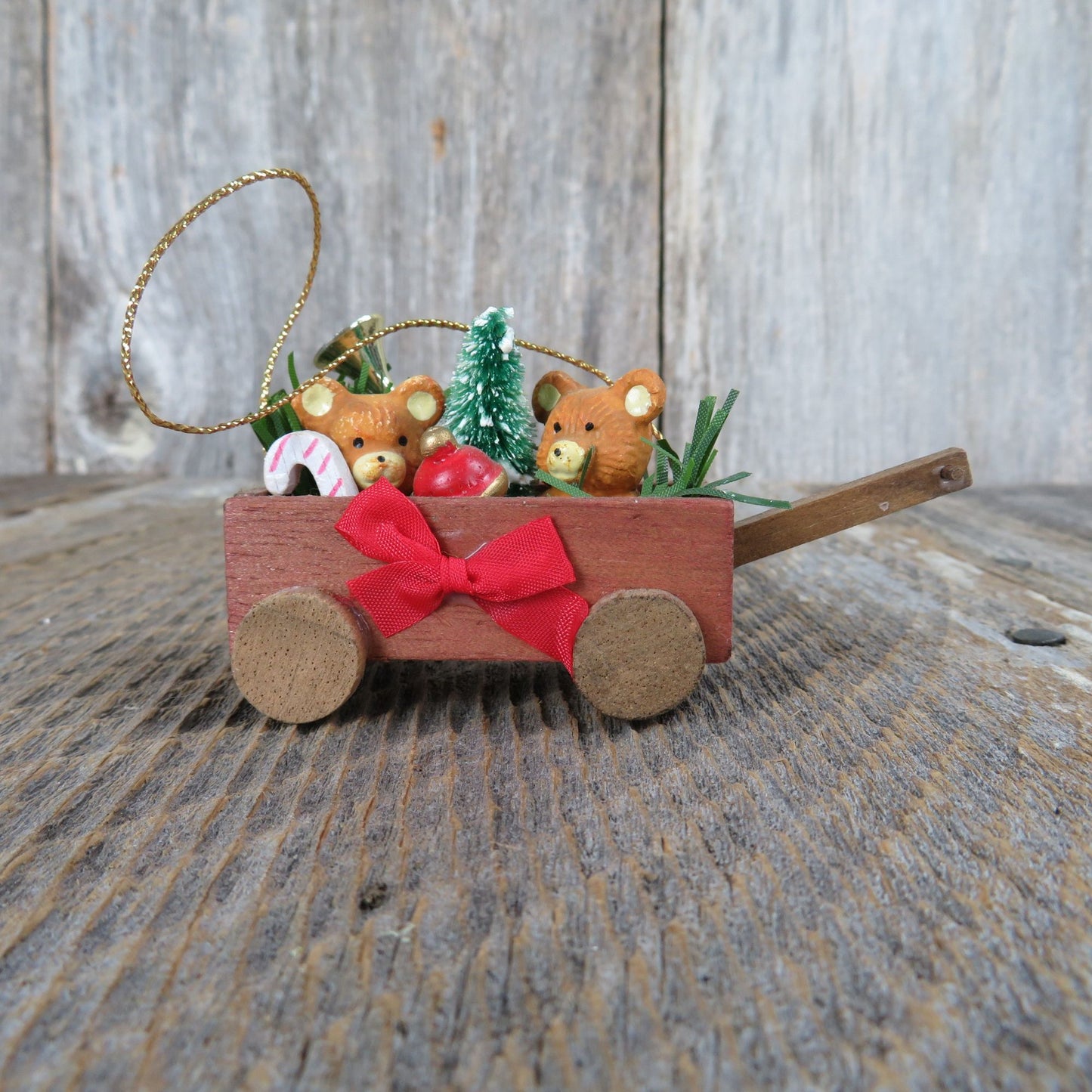Vintage Wooden Wagon with Teddy Bears Ornament Wood Christmas Red Brush Tree Trumpet