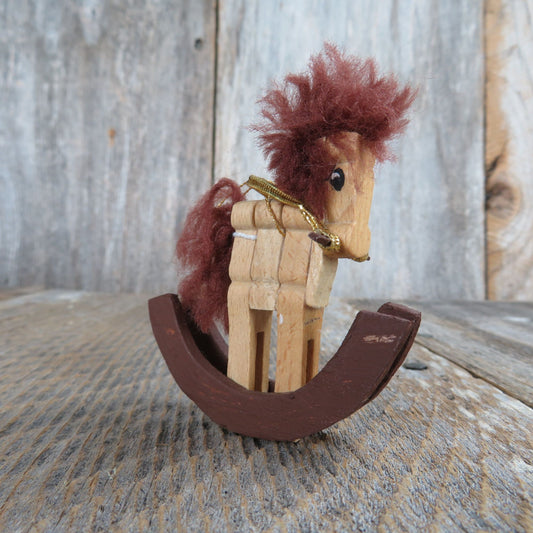Vintage Rocking Horse Wooden Clothes Pin Ornament Wood Christmas Brown Pony