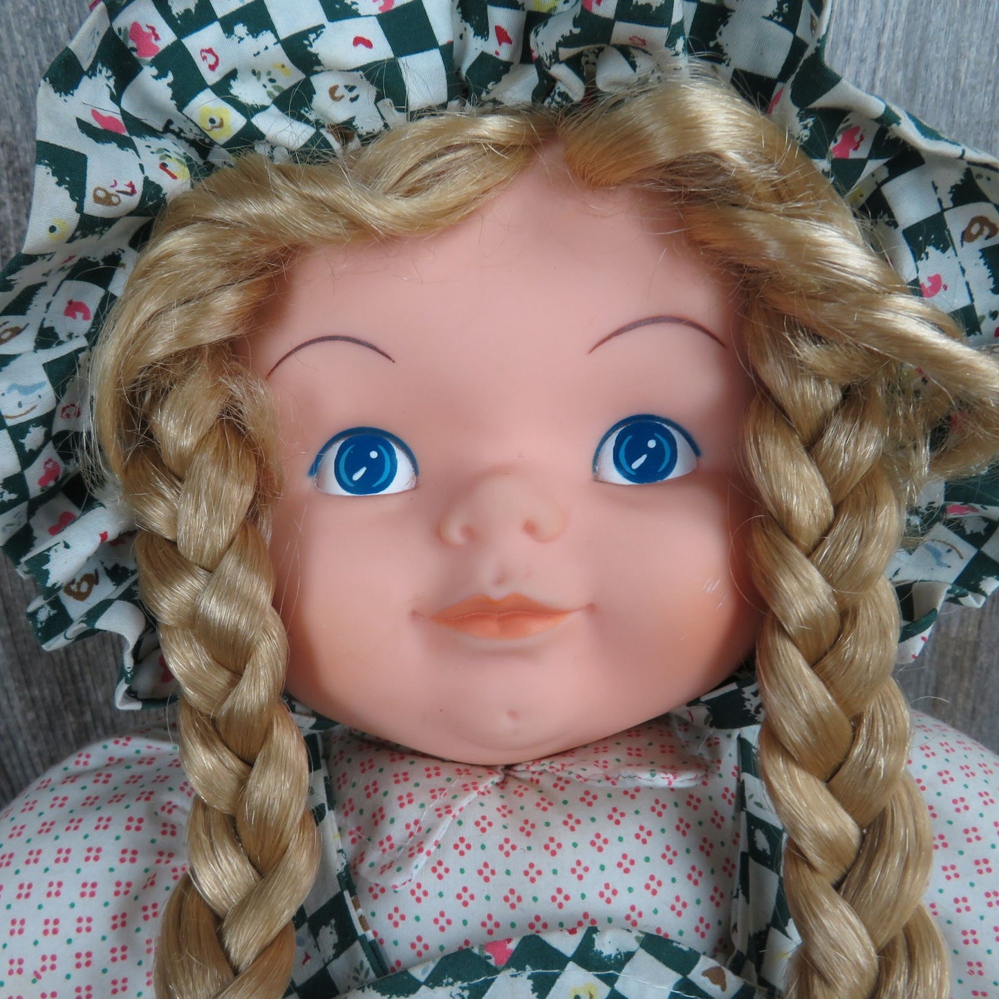 Vintage Soft Body Doll Plush Rubber Face Blonde DanDee Braids Bonnet Green Print Dress