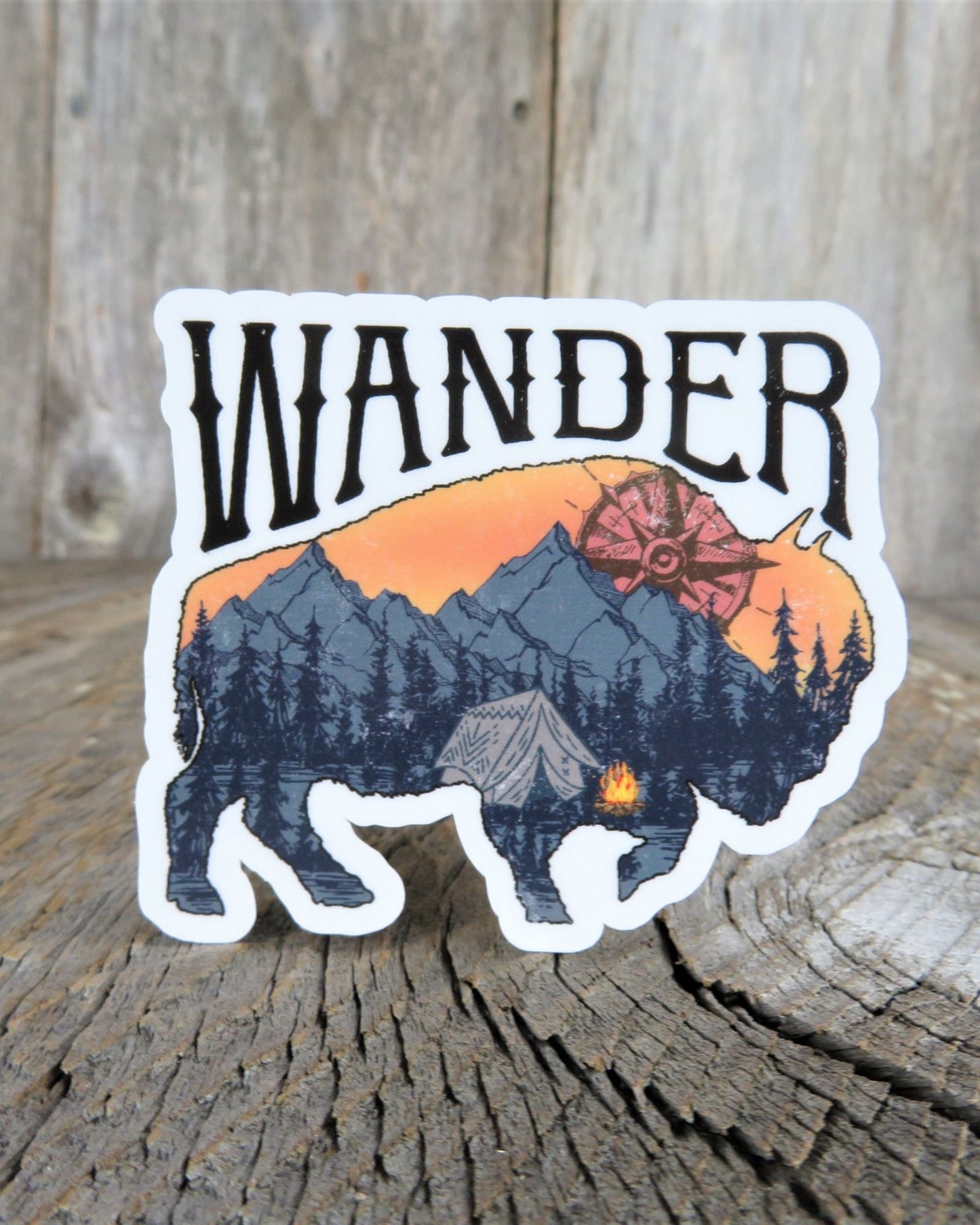 Wander Bison Silhouette with Mountain Scene Sticker Full Color Waterproof Buffalo Retro Outdoors Tent Camping Mountains Water Bottle Sticker