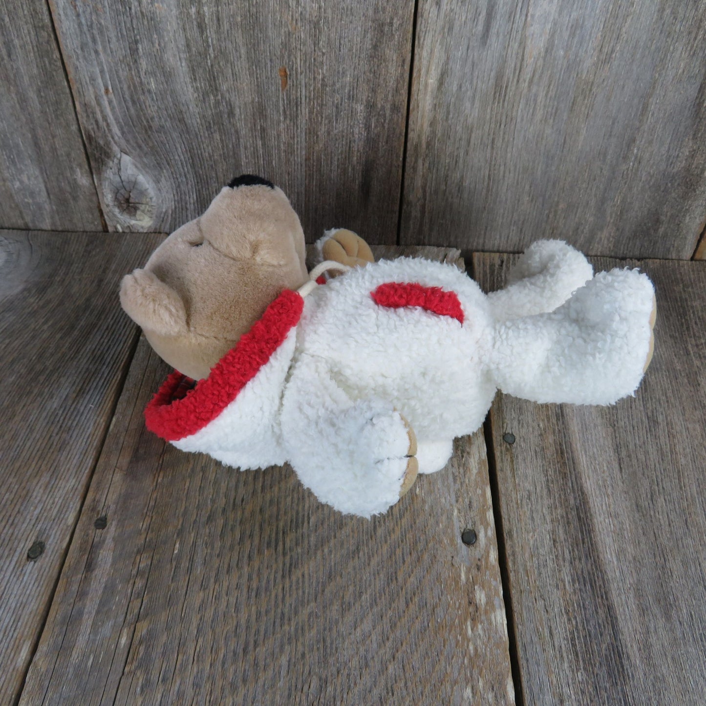 Vintage Teddy Bear In White Fleece Sherpa Suit Plush Creations Winter Pocket Red Trim Plaid 1998