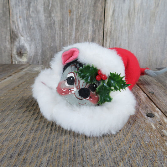 Vintage Mouse In Santa Hat Plush Annalee Christmas Grey Eyes Open Holly Figurine Decoration