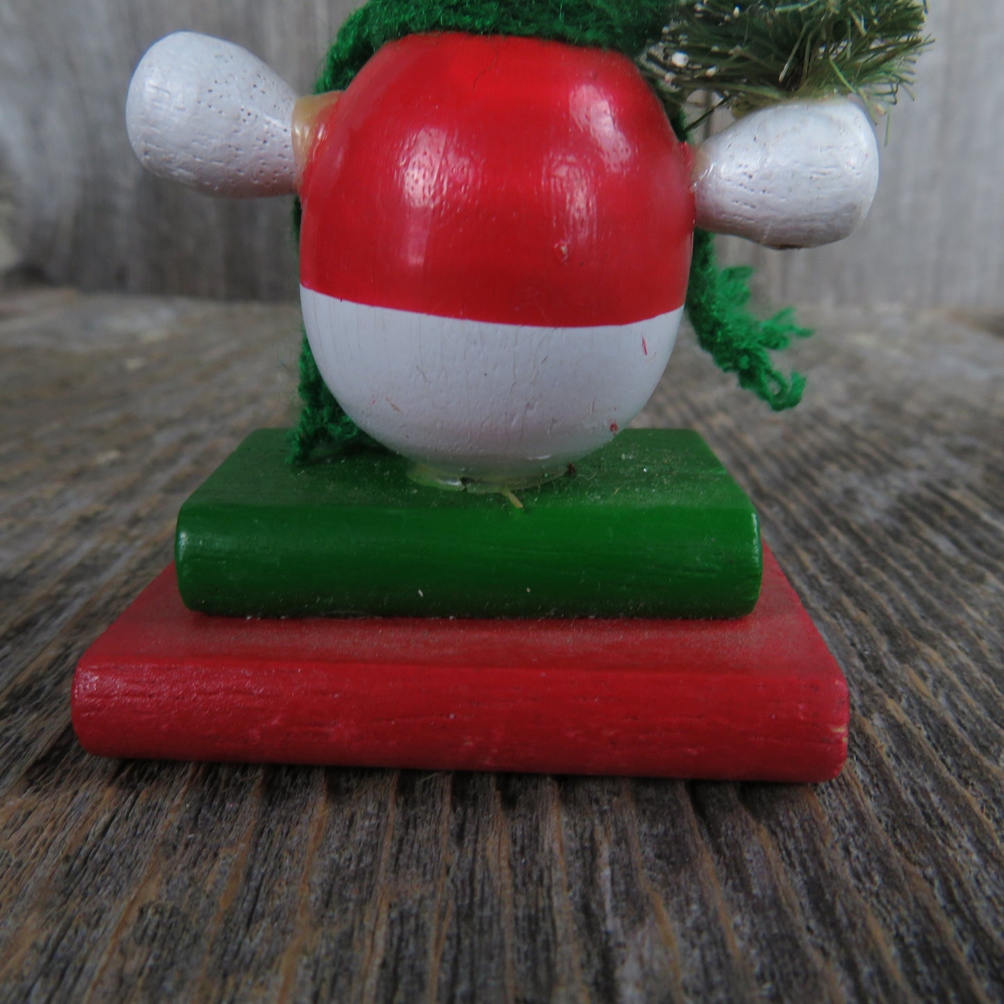 Vintage Snowman Holding Christmas Tree Wood Ornament Bottle Brush Tree Green Scarf Red Hat Vest Standing On Books Wood Taiwan