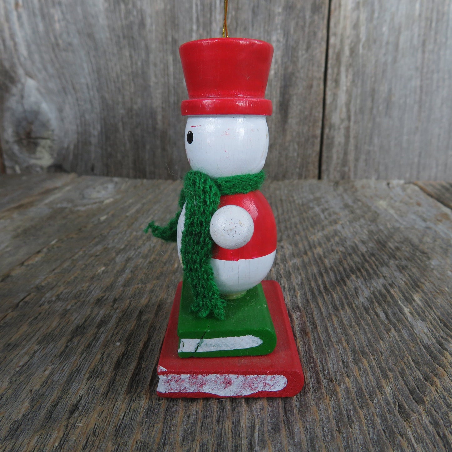 Vintage Snowman Holding Christmas Tree Wood Ornament Bottle Brush Tree Green Scarf Red Hat Vest Standing On Books Wood Taiwan