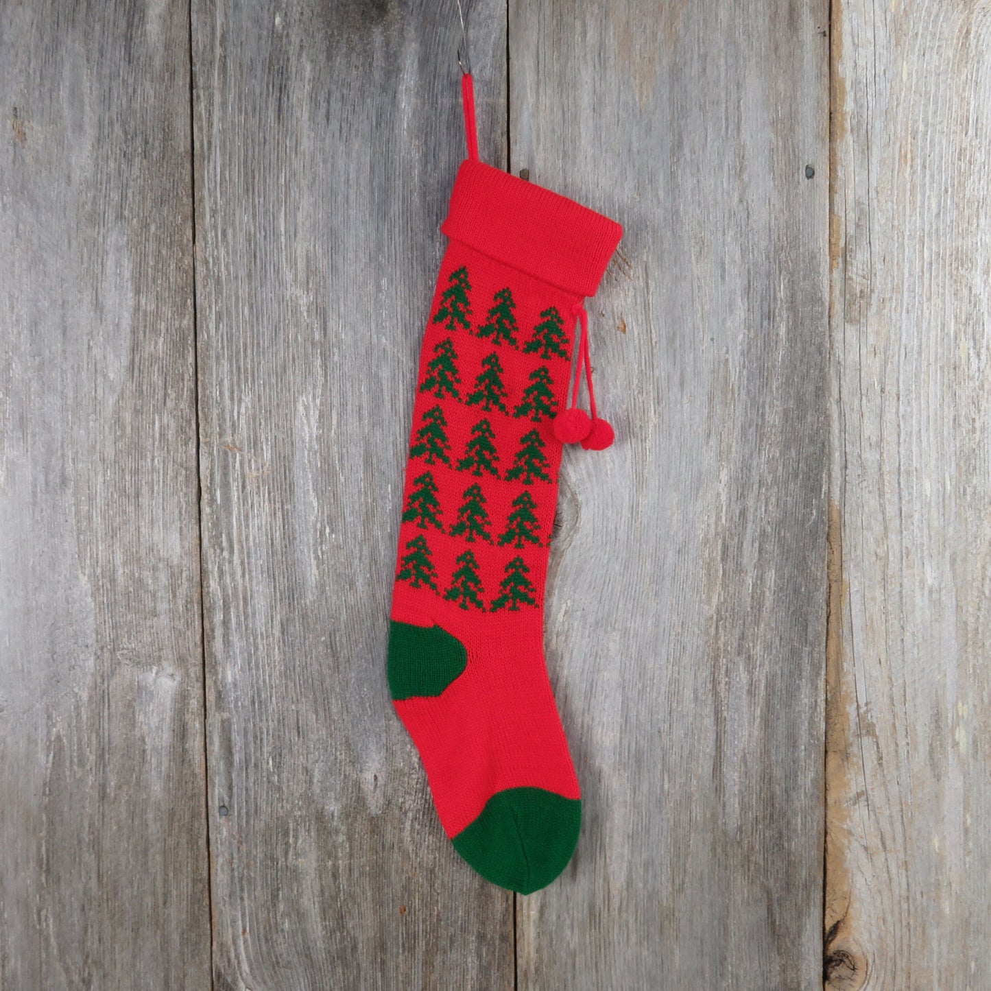 Vintage Knit Christmas Tree Stocking Knitted Red Green Tree Design Pom Pom Knitted 1980s