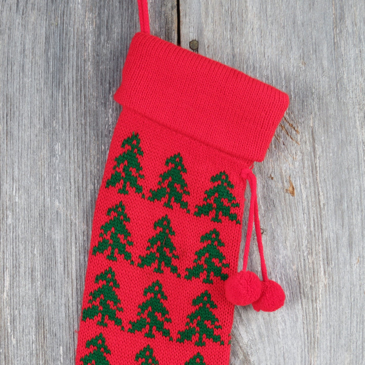 Vintage Knit Christmas Tree Stocking Knitted Red Green Tree Design Pom Pom Knitted 1980s