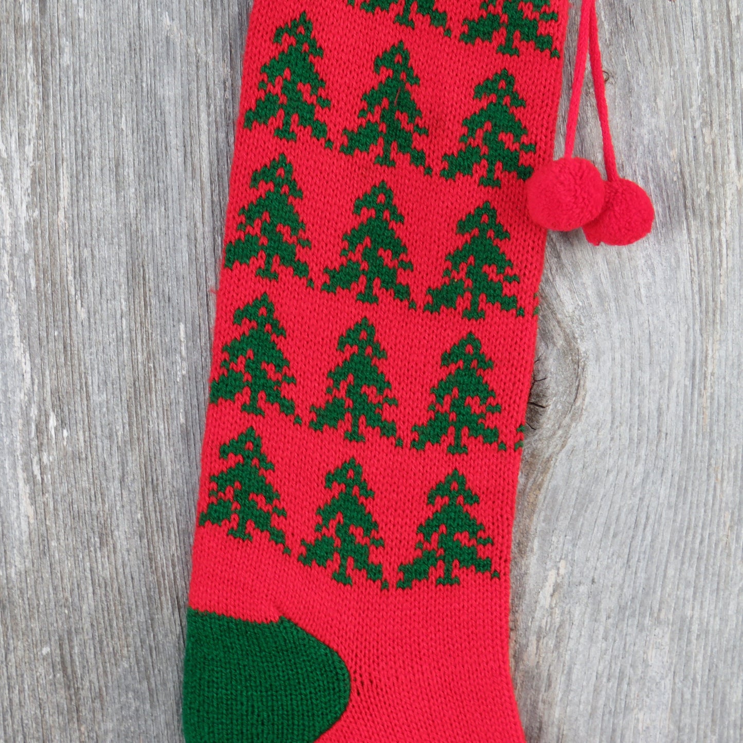 Vintage Knit Christmas Tree Stocking Knitted Red Green Tree Design Pom Pom Knitted 1980s