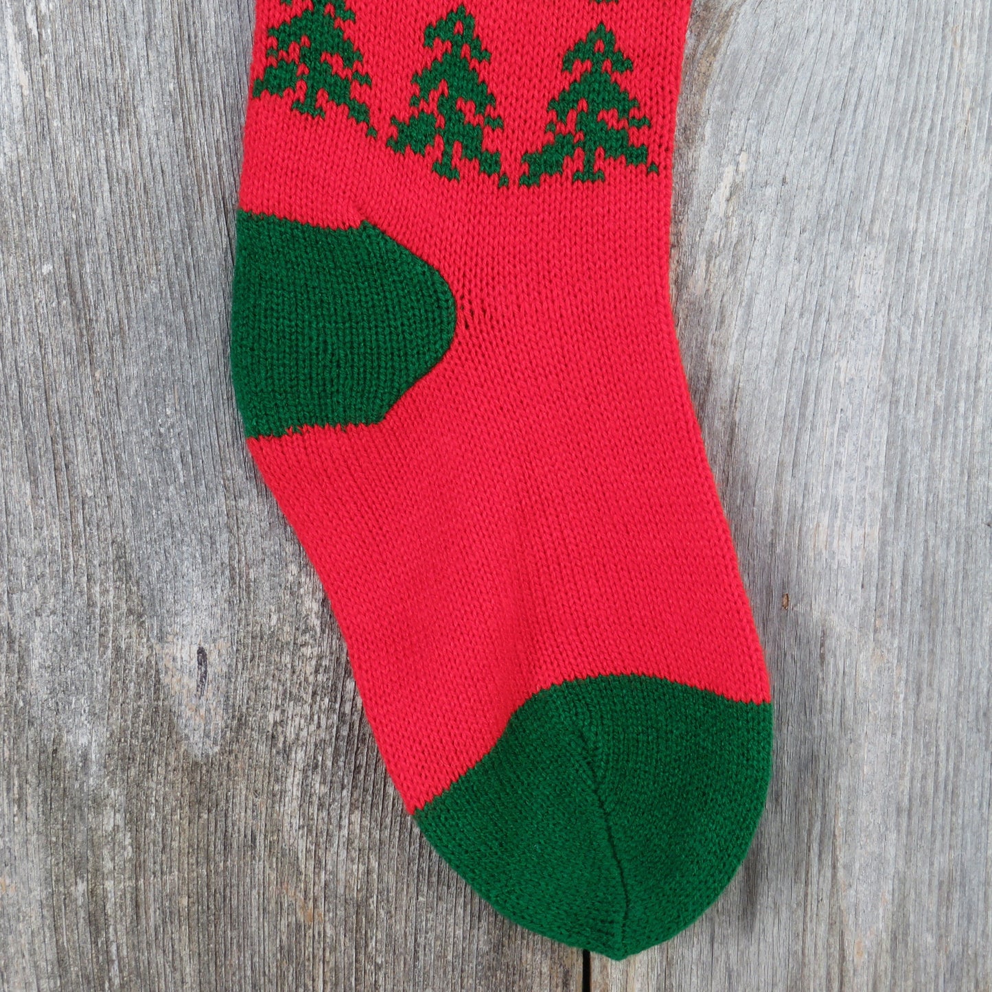 Vintage Knit Christmas Tree Stocking Knitted Red Green Tree Design Pom Pom Knitted 1980s