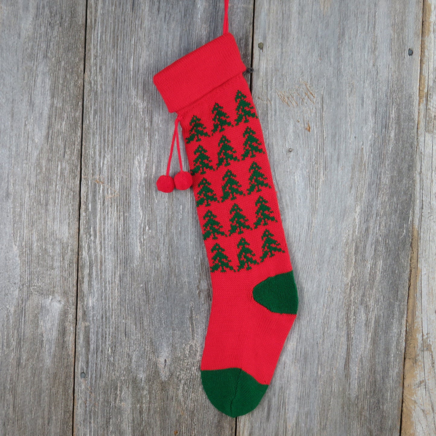 Vintage Knit Christmas Tree Stocking Knitted Red Green Tree Design Pom Pom Knitted 1980s