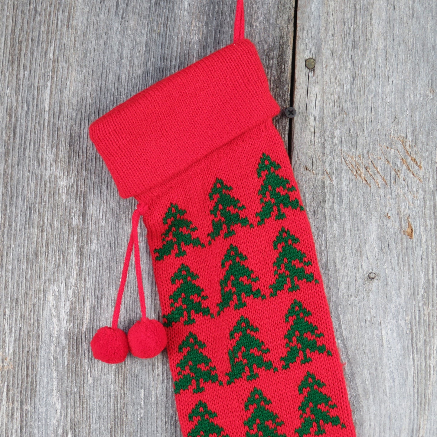 Vintage Knit Christmas Tree Stocking Knitted Red Green Tree Design Pom Pom Knitted 1980s