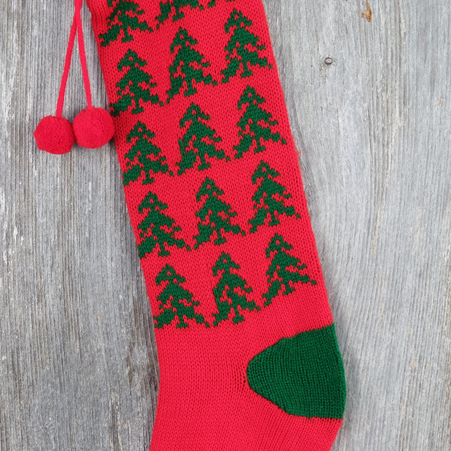 Vintage Knit Christmas Tree Stocking Knitted Red Green Tree Design Pom Pom Knitted 1980s