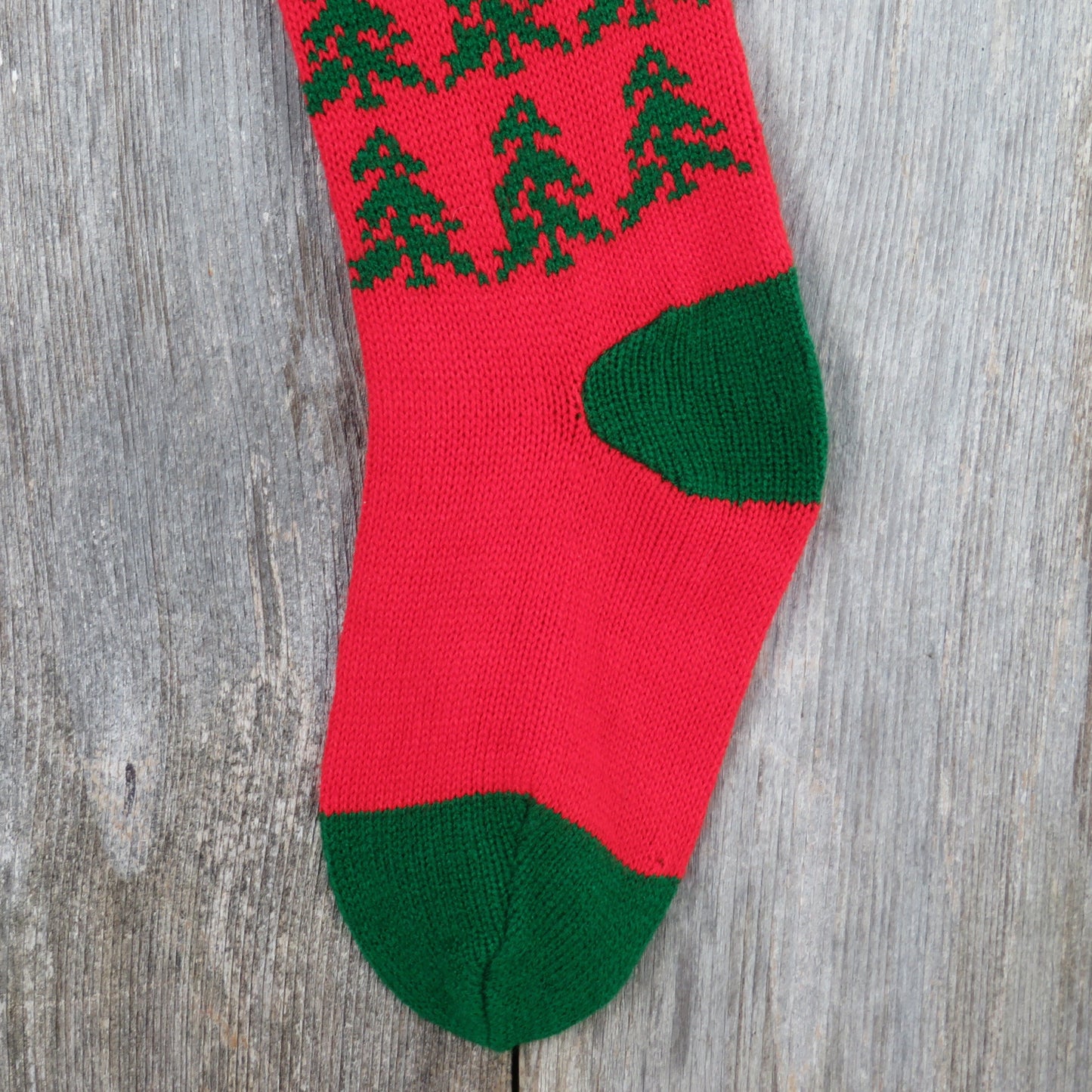 Vintage Knit Christmas Tree Stocking Knitted Red Green Tree Design Pom Pom Knitted 1980s