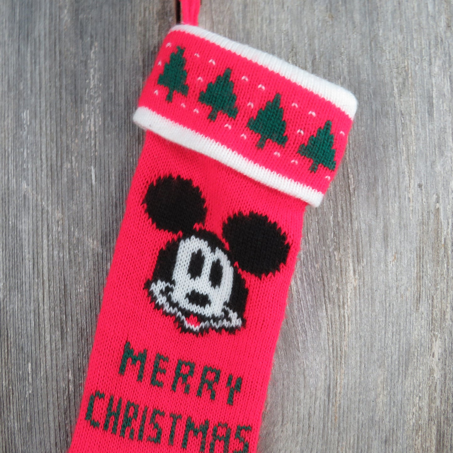 Vintage Mickey Mouse Knit Stocking Merry Christmas Walt Disney Company Knitted Red White Trees