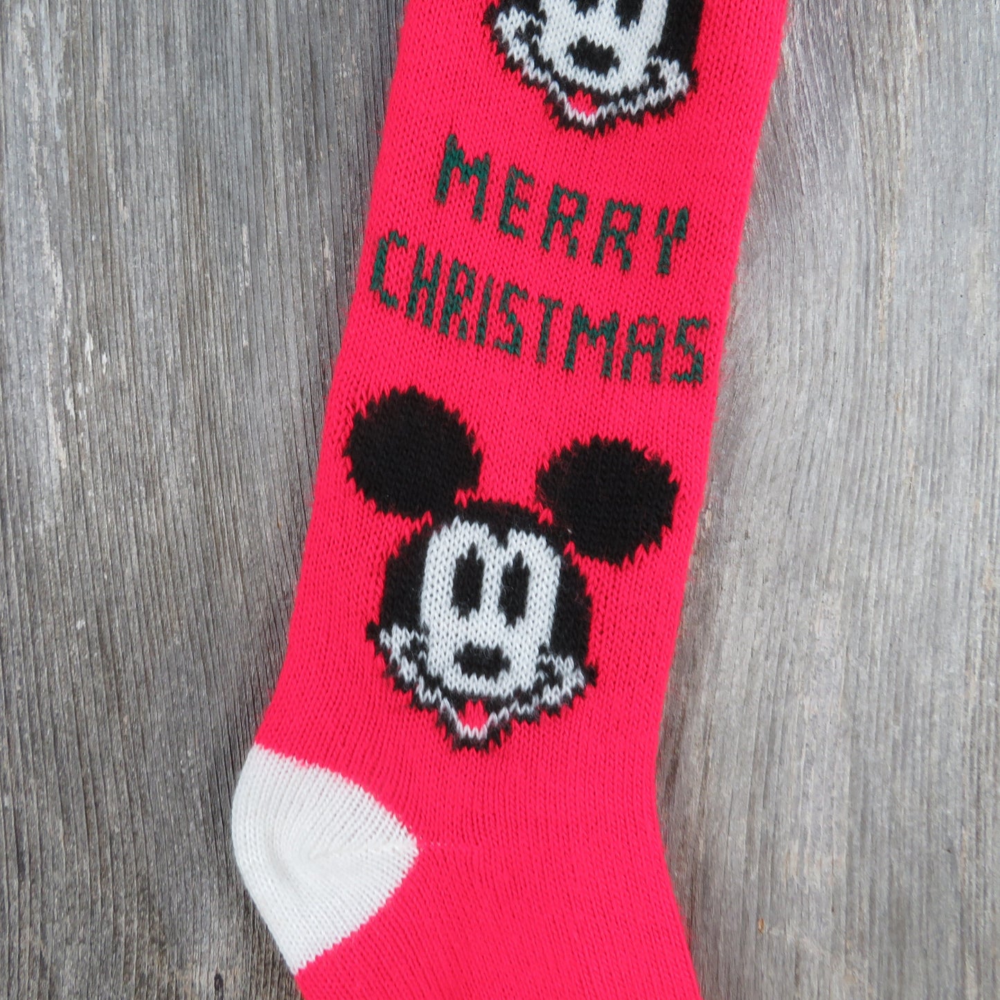 Vintage Mickey Mouse Knit Stocking Merry Christmas Walt Disney Company Knitted Red White Trees