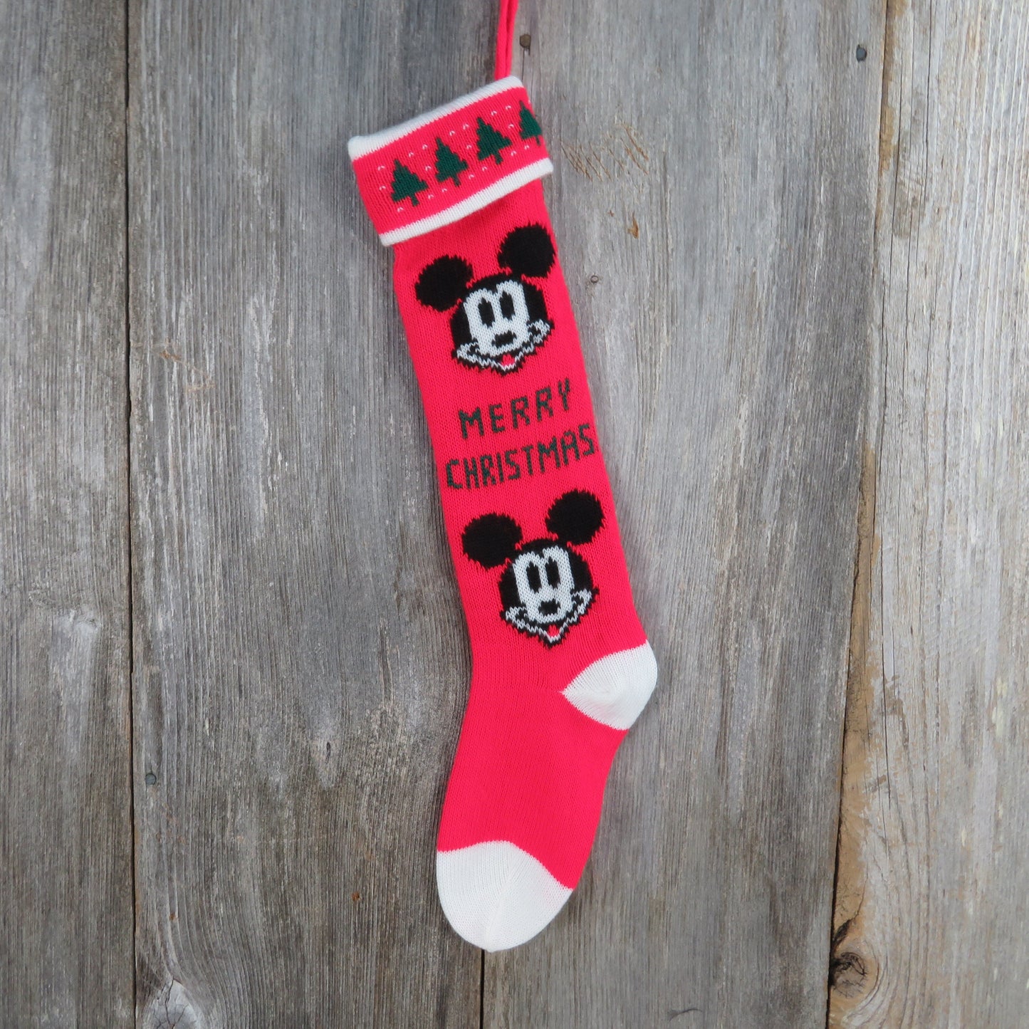 Vintage Mickey Mouse Knit Stocking Merry Christmas Walt Disney Company Knitted Red White Trees