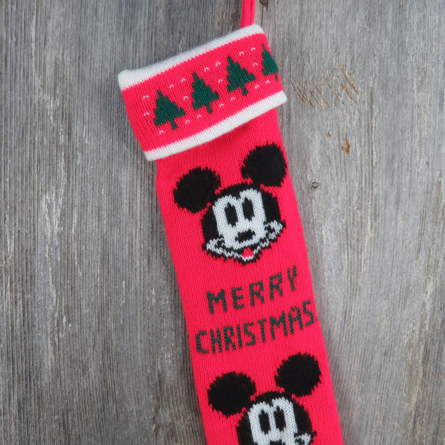 Vintage Mickey Mouse Knit Stocking Merry Christmas Walt Disney Company Knitted Red White Trees