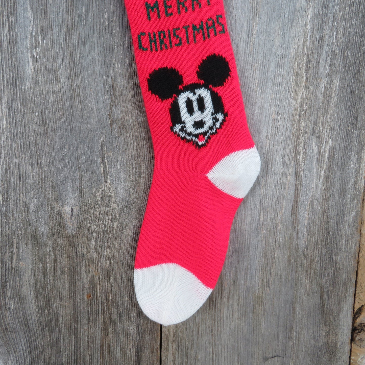 Vintage Mickey Mouse Knit Stocking Merry Christmas Walt Disney Company Knitted Red White Trees