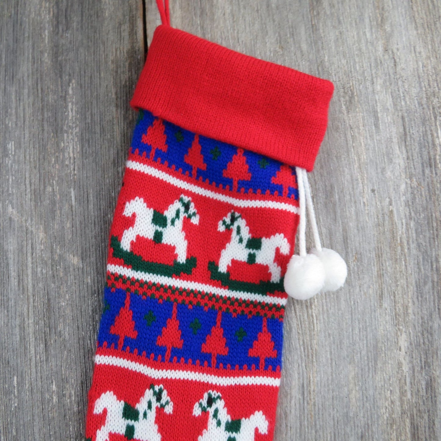 Vintage Rocking Horse Knit Stocking Christmas Knitted Red Blue White Holiday Home Decor