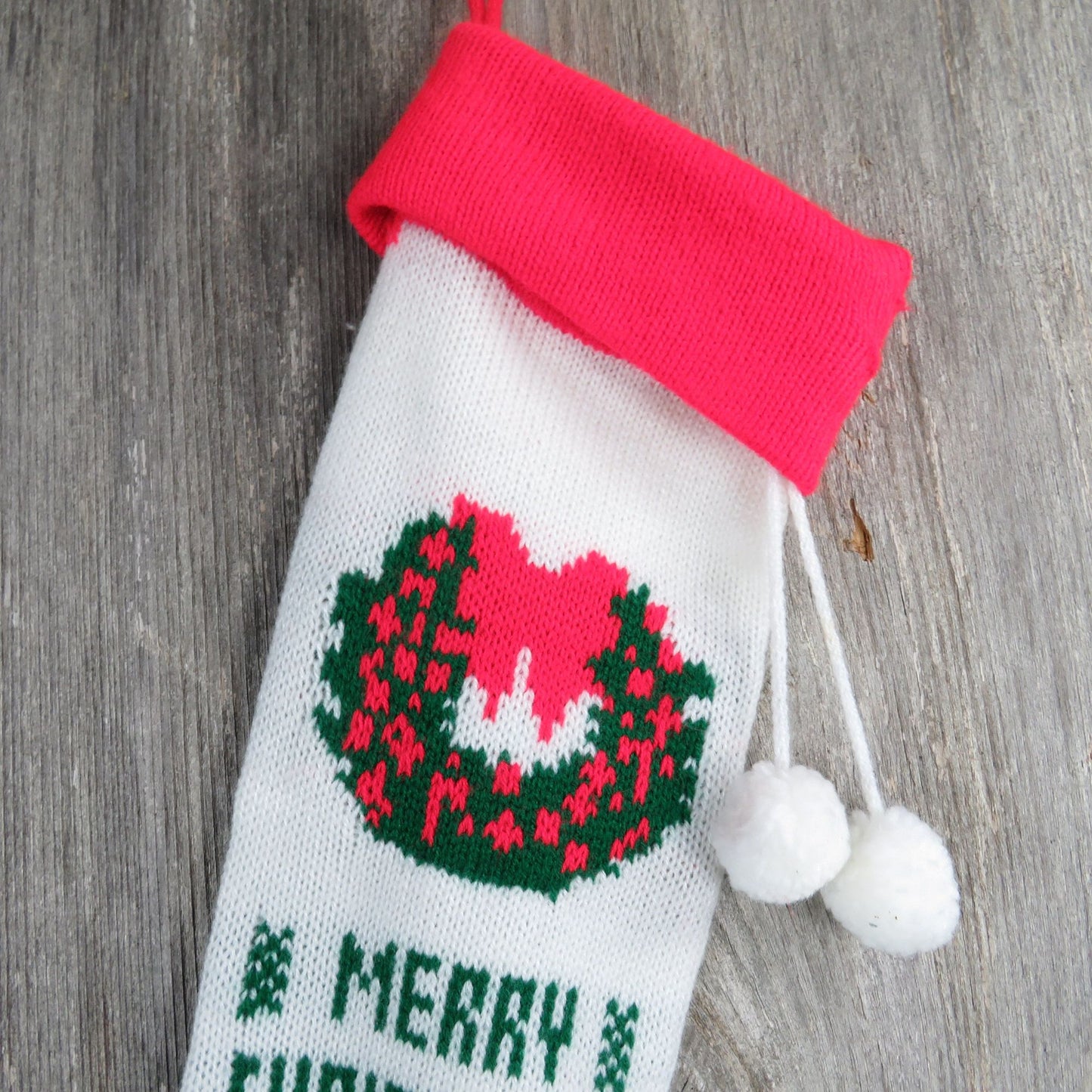 Vintage White Wreath Design Knit Stocking Tree Knitted White Green Red Christmas Pom Pom ST341