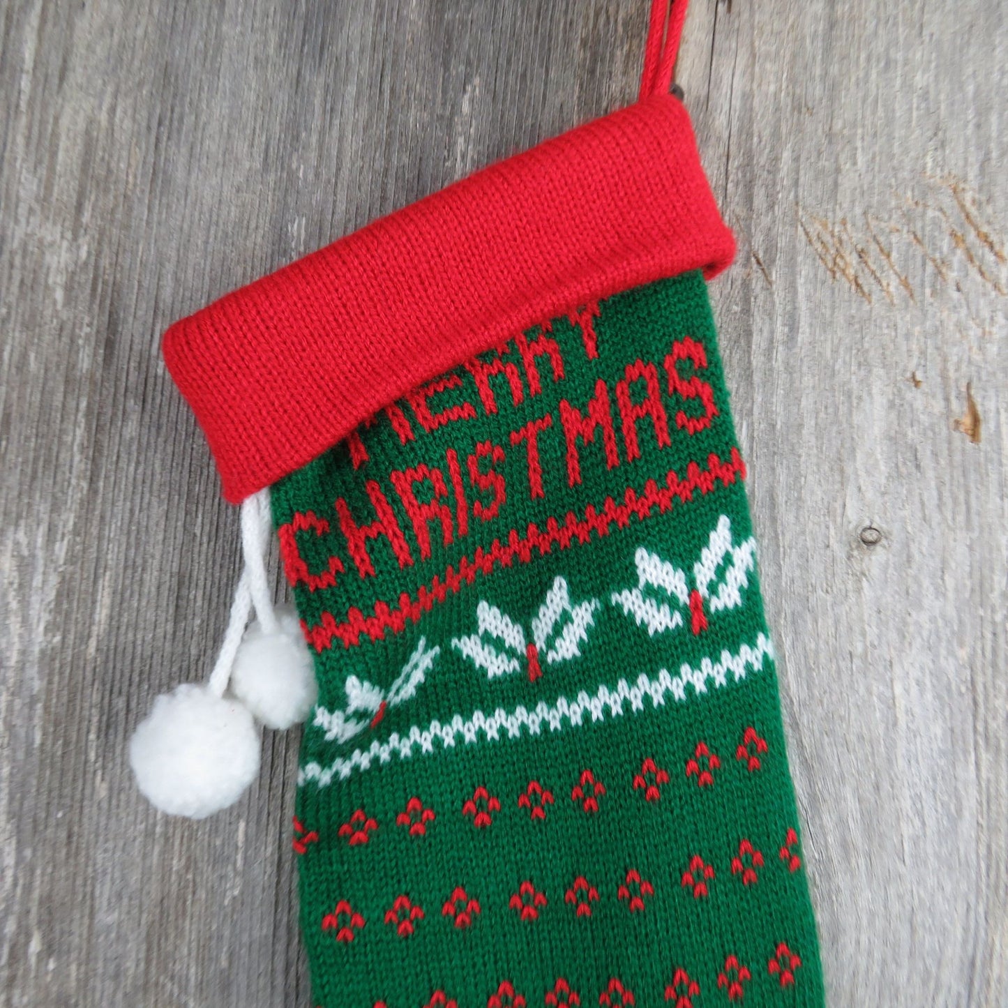 Vintage Merry Christmas Green Knit Stocking Knitted White Red Christmas Pom Pom ST343