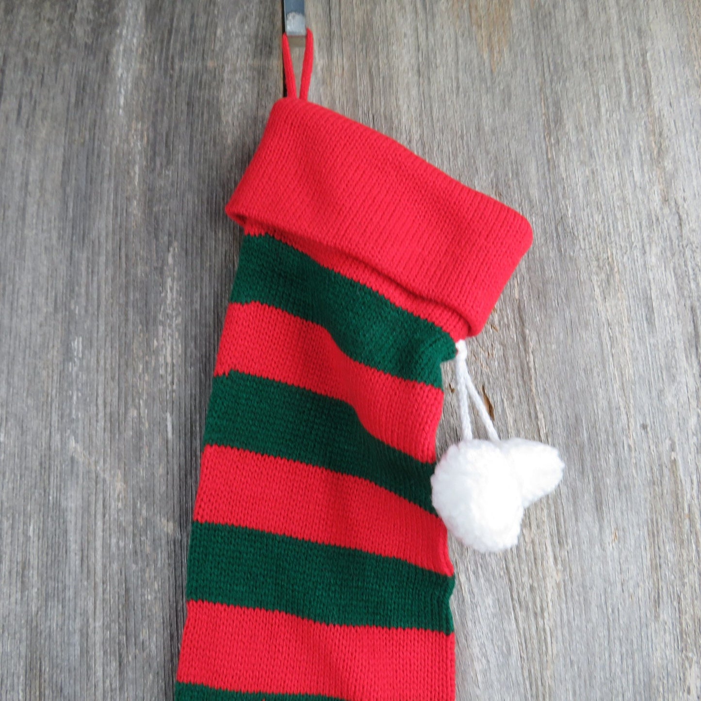 Vintage Knit Striped Christmas Stocking Red Green Stripes Knitted 1980s