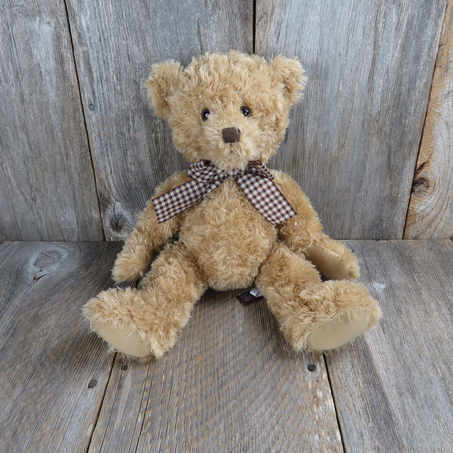 Fuzzy Brown Bear Plush Checkered Bow Bearington Collection Stuffed Animal