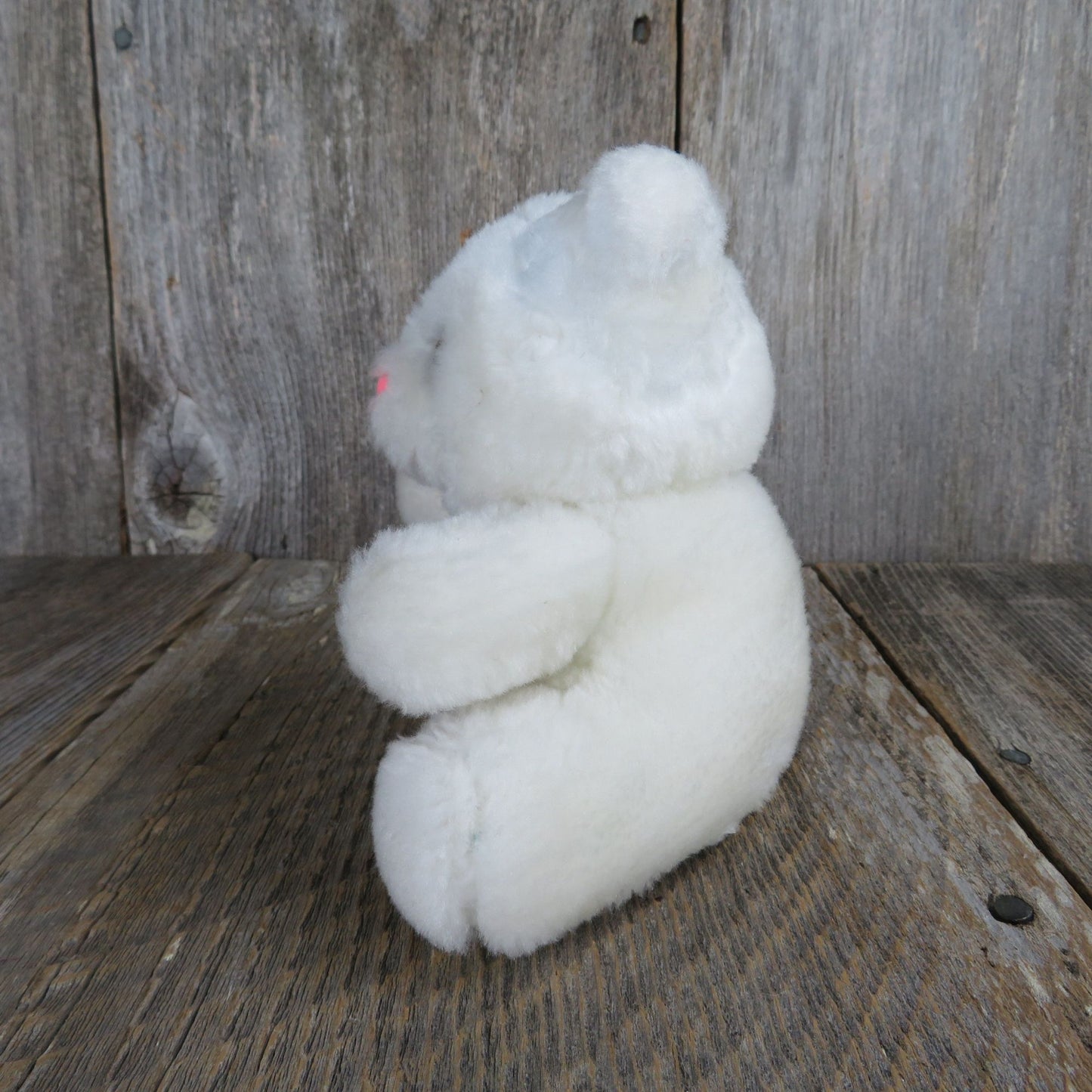 Vintage Small White Teddy Bear Plush With Plastic Pink Nose Sitting Stuffed Animal