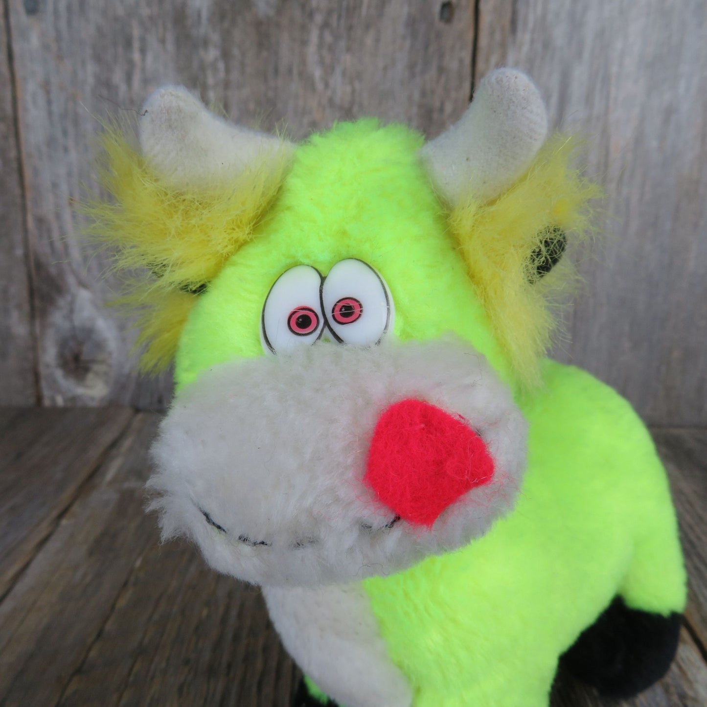 Vintage Cow Plush Florescent Green Yellow Horns Stuffed Animal Tongue Ace Novelty