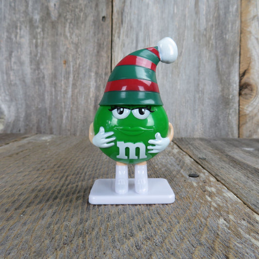 Vintage Green M&M Striped Santa Hat Figurine Mars Candy Tube Christmas