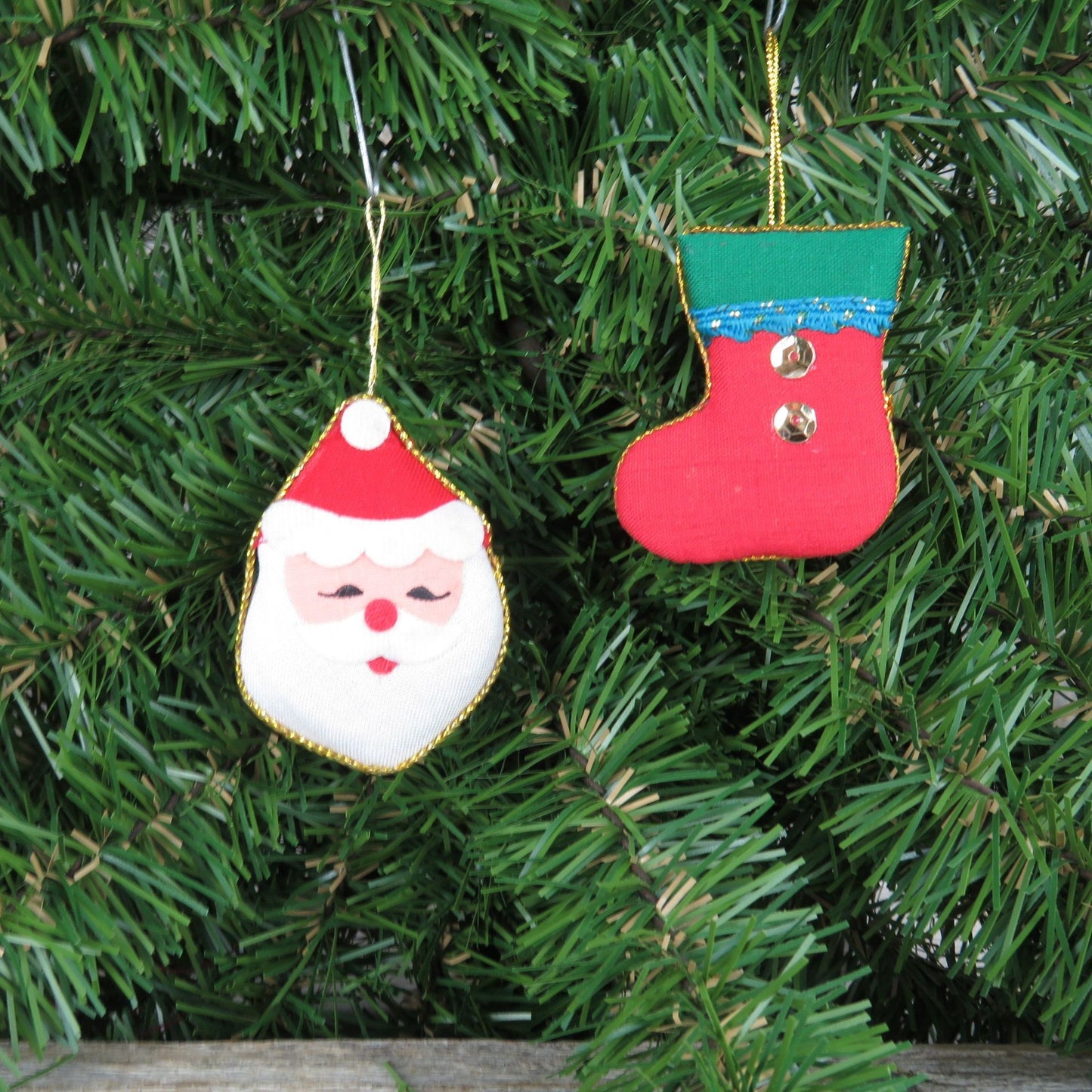 Vintage Santa Stocking Ornament Mini Plush Gold Trimmed Fabric Red Green Christmas