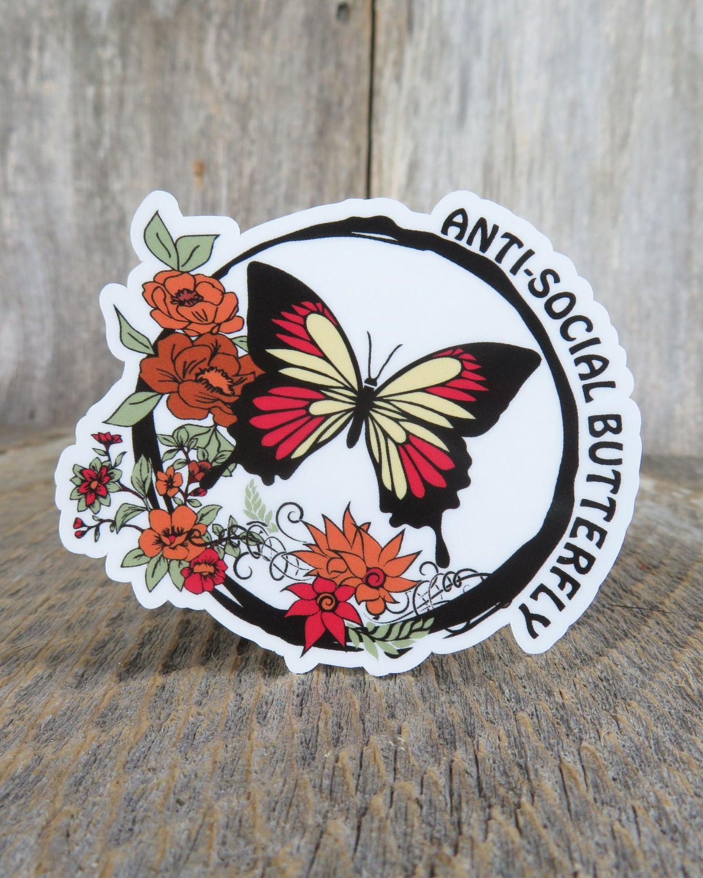 Anti-Social Butterfly Sticker Fall Colors and Flowers Waterproof Funny Sarcastic Sayings Introverts