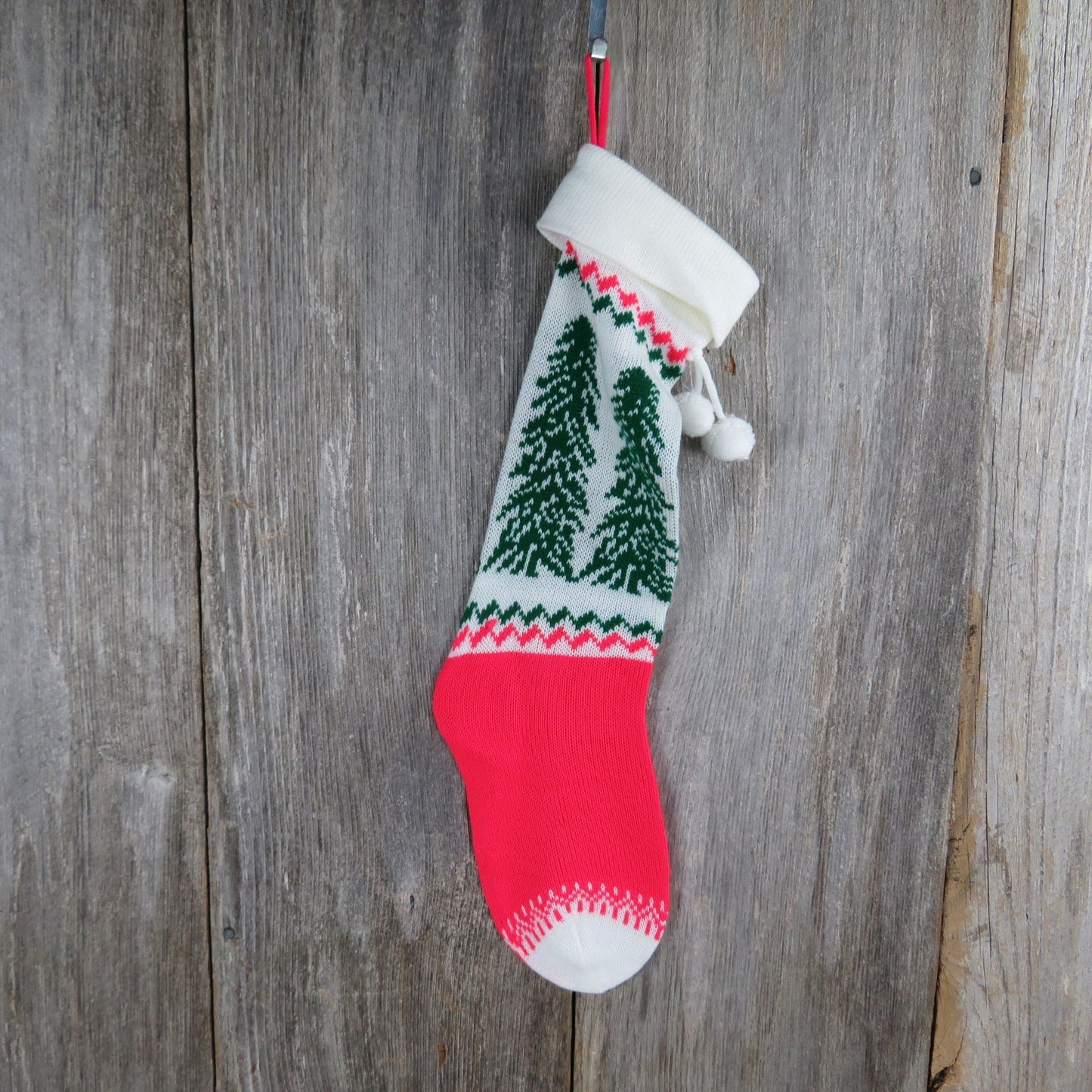 Vintage Knit Christmas Tree Stocking Christmas Sweater Knitted Red Green White Pom Pom  St362