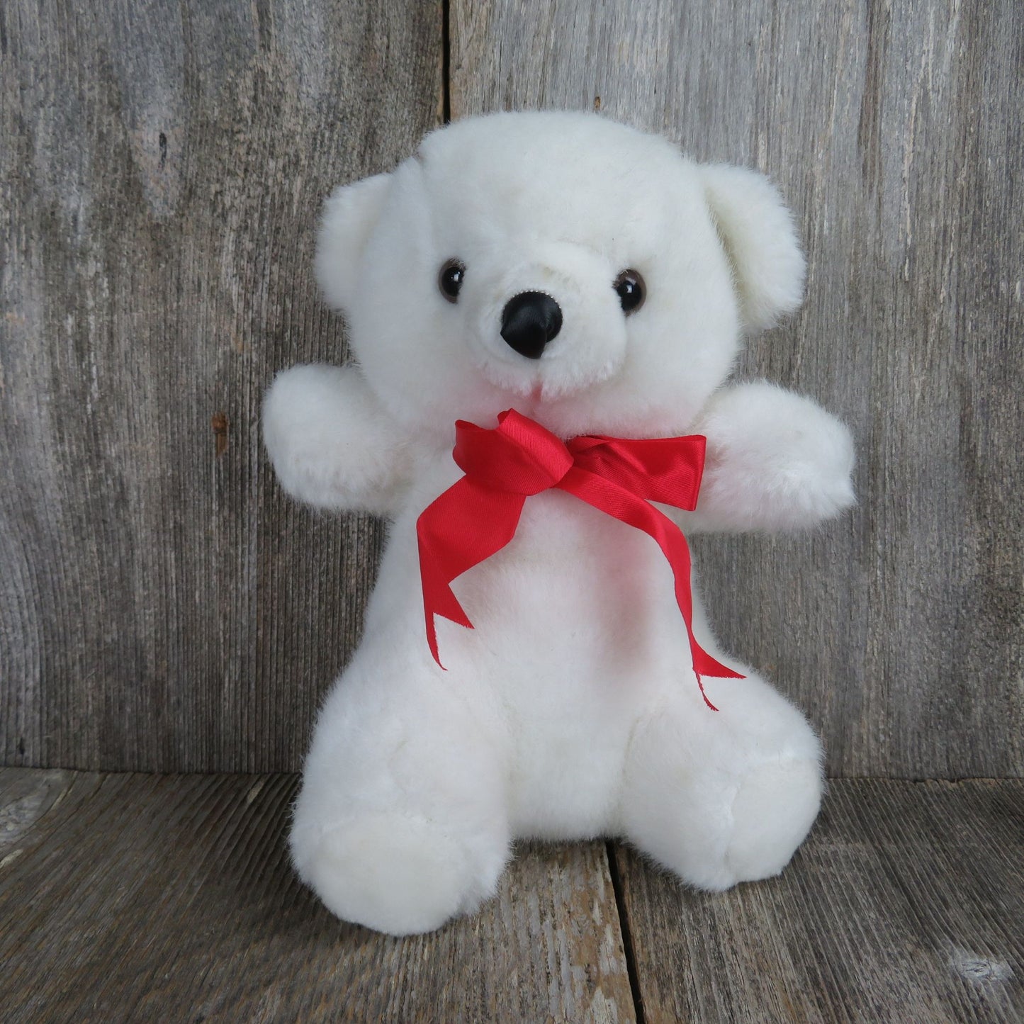 Vintage White Bear Plush Red Bow Black Soft Nose Polar Bear Sasco Inc