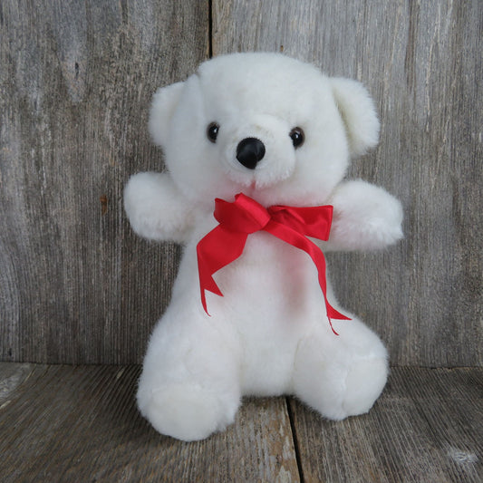 Vintage White Bear Plush Red Bow Black Soft Nose Polar Bear Sasco Inc - At Grandma's Table