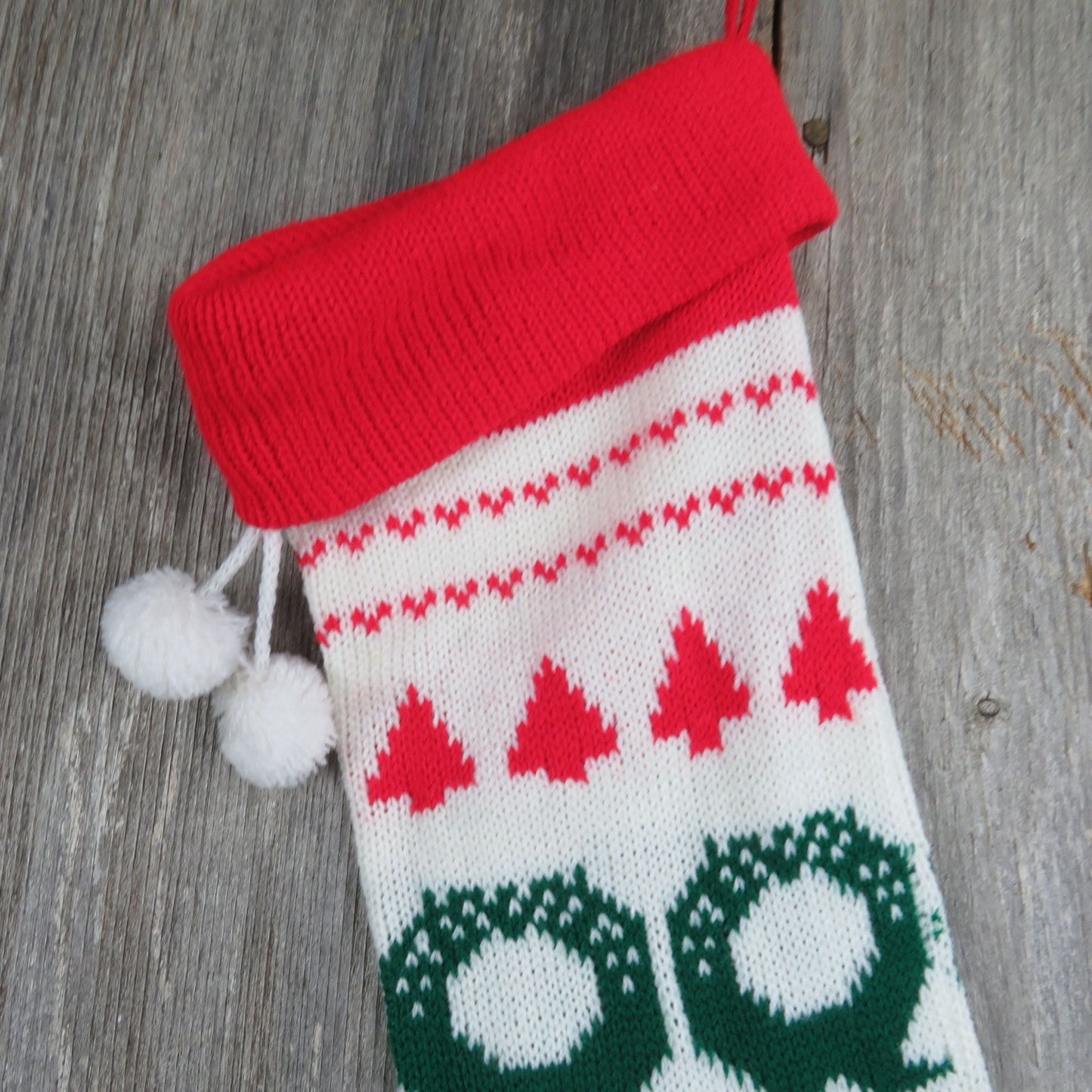 Vintage Wreath Design Knit Stocking Tree Knitted White Green Red Christmas Pom Pom